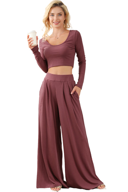 Schwarzes, einfarbiges, geripptes Crop-Top-Langhosen-Set