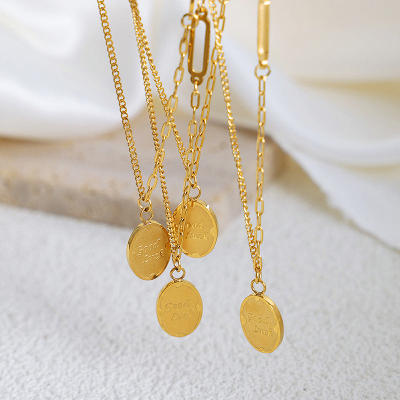 18K gold fashionable and simple medallion with GOOD LUCK design pendant necklace