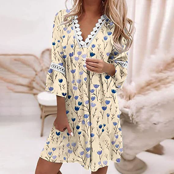 Women's V-neck Printed Lace Stitching Dress