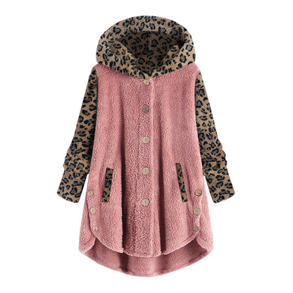 Autumn And Winter Button Long Sleeve Leopard Splicing Hooded Plush Coat For Women