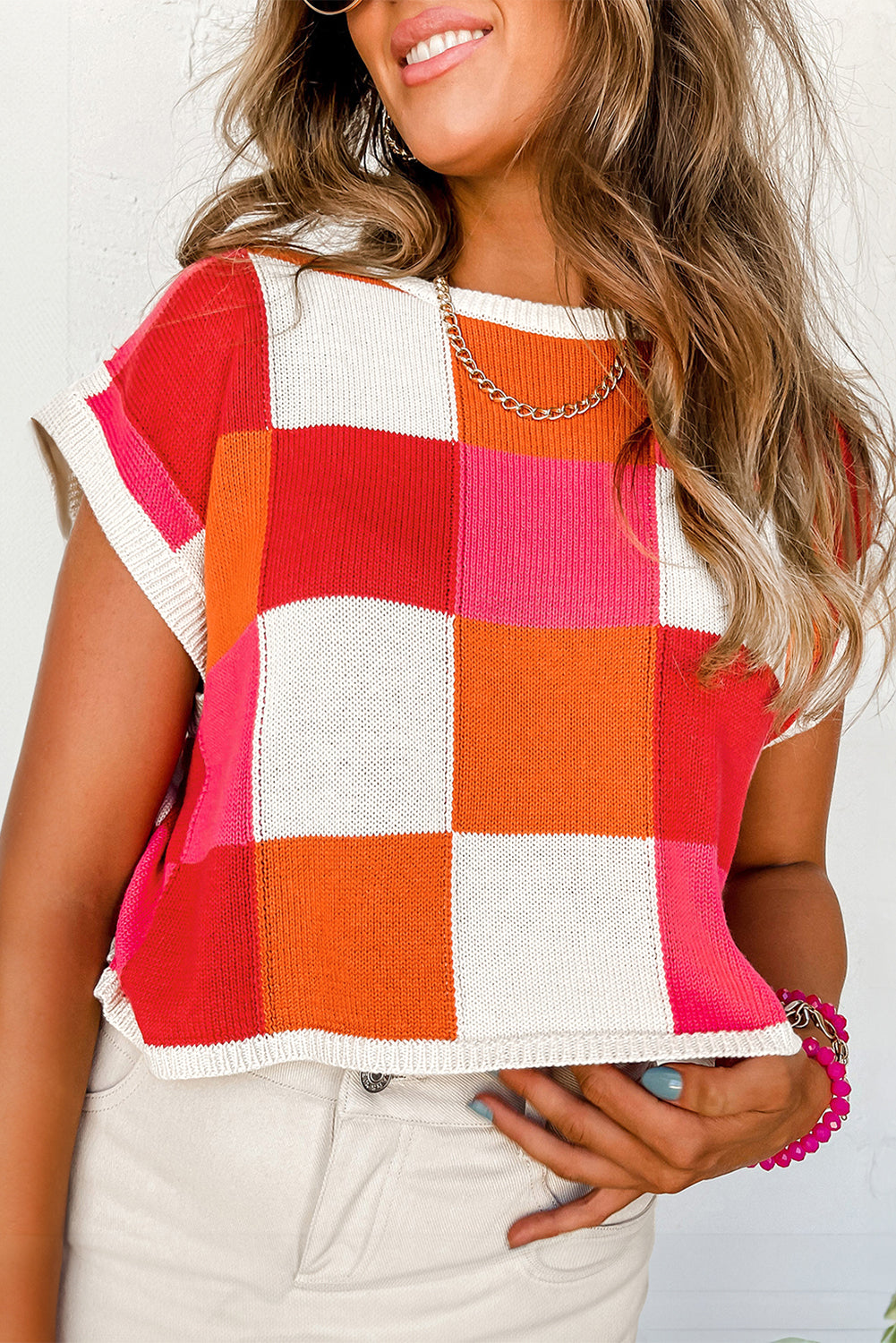 Grapefruit Orange Checkered Color Block Cap Sleeve Knitted Top