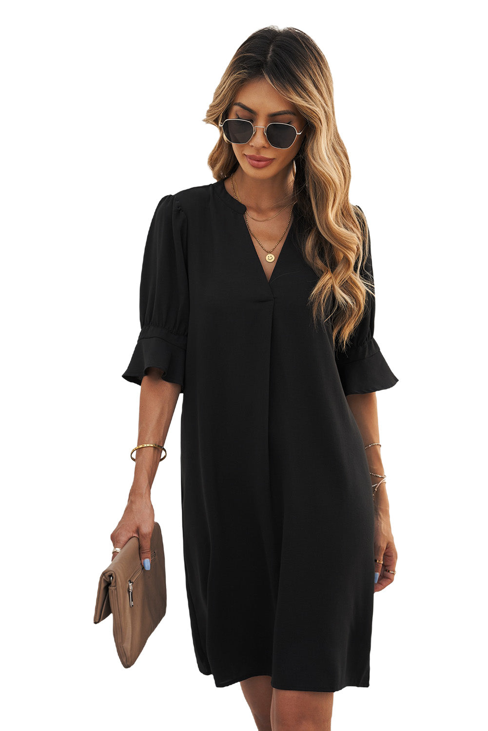 Black Split V Neck Short Sleeve Casual Tunic Dress