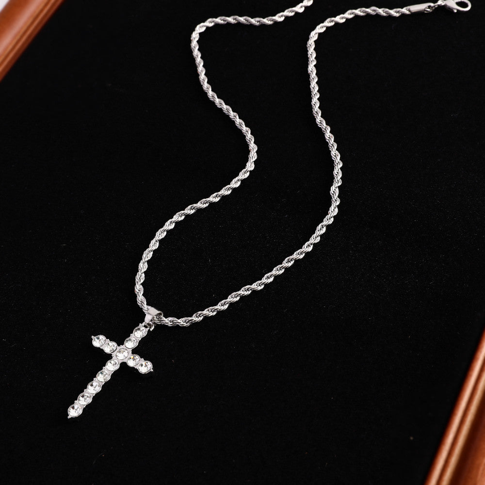 Fashionable and simple twist chain with cross studded diamond design all-match pendant necklace