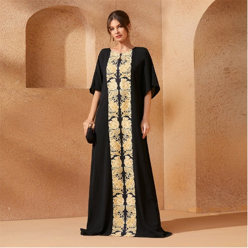 Robe noire imprimée dorée à manches mi-longues 