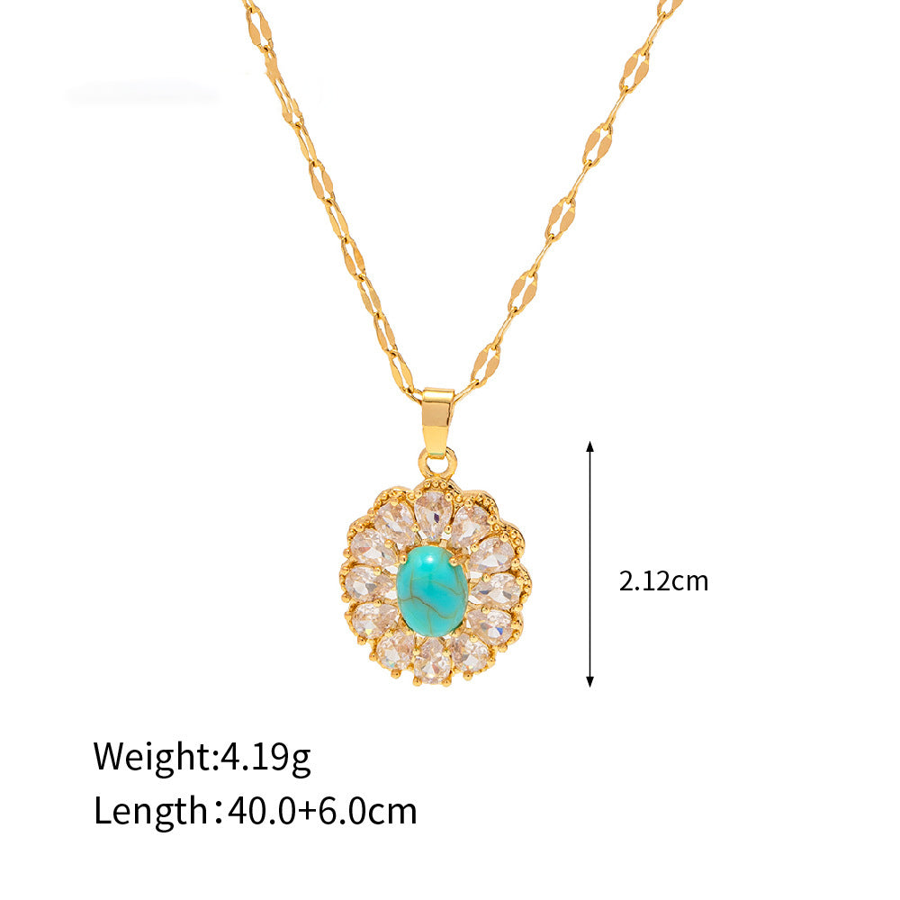 18K Gold Exquisite Dazzling Inlaid White Zircon Songhua Stone Disc Design Versatile Pendant Necklace