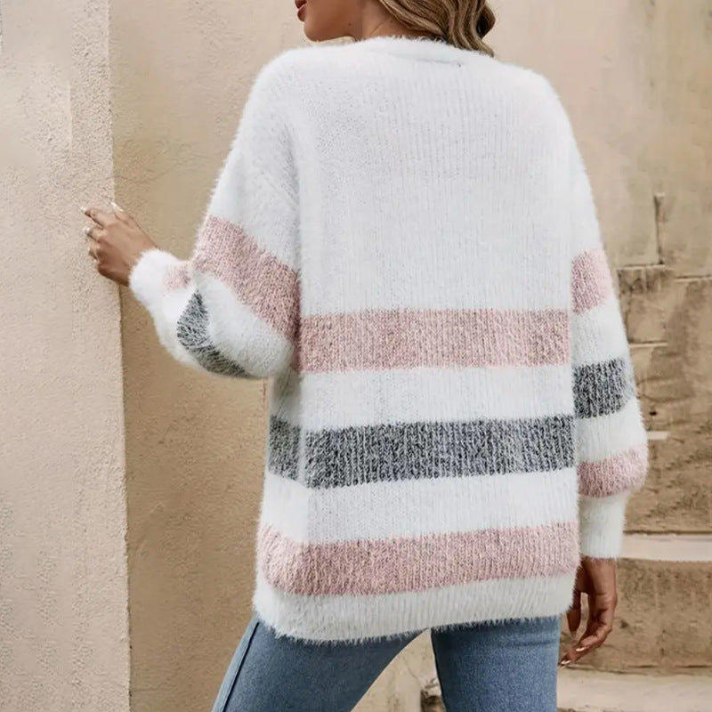 V-Ausschnitt Pullover Damen Klassisch Gestreift Einreihig Strickjacke