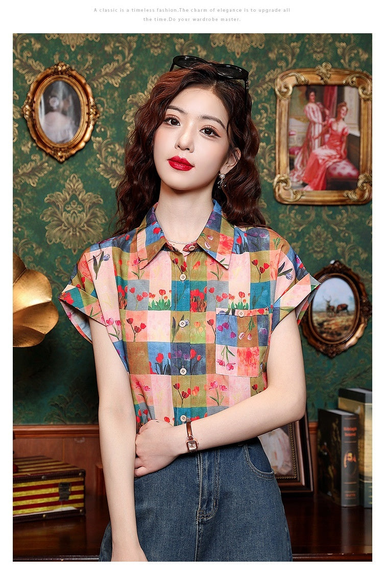 Women's Summer Hong Kong Style Retro Loose Color Matching Plaid Printed Shirt