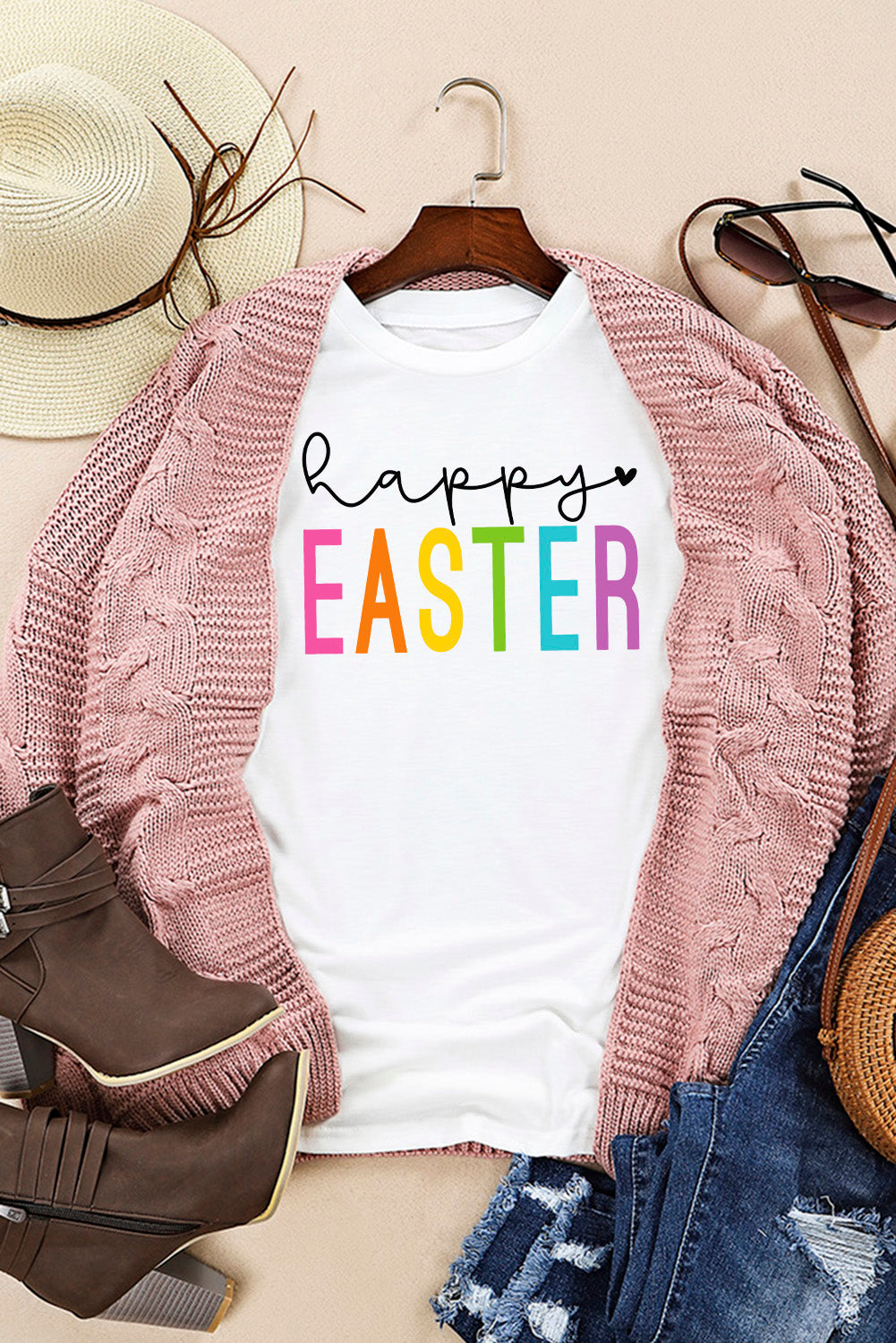 Weißes „Happy EASTER“-T-Shirt mit Rundhalsausschnitt und Buchstabengrafik