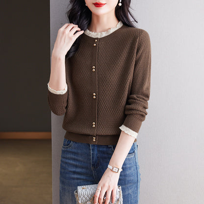 Pull tricoté à col rond en dentelle élégante et tendance pour femme