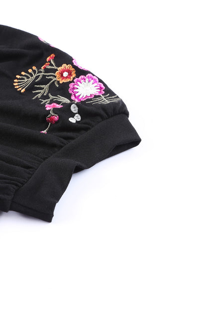 Black Floral Embroidered Sleeve Notch Neck Top