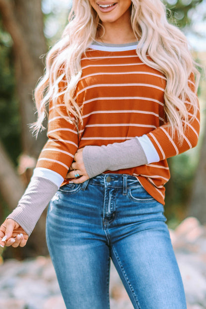 Dark Blue Striped Spliced Color Block Rib Knit Top