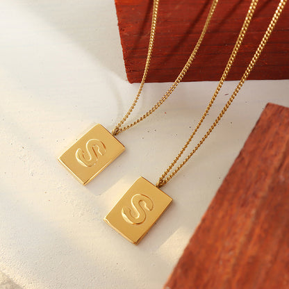 18K gold noble and simple square plate with letter "S" design versatile pendant necklace