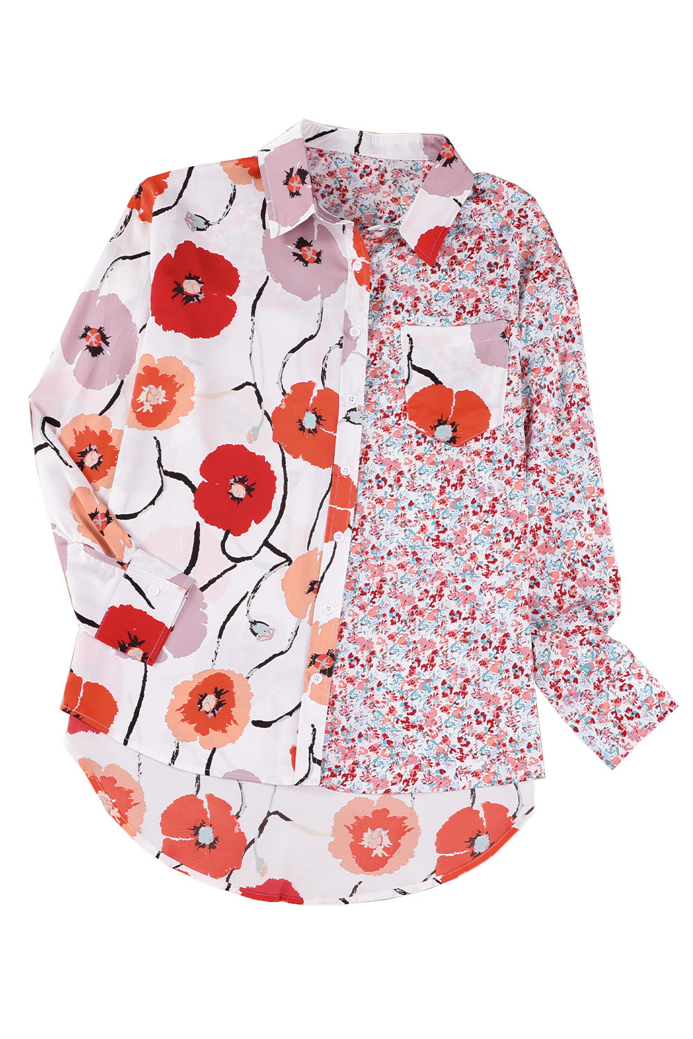 Chemise boutonnée en patchwork avec poches florales bohème rouge