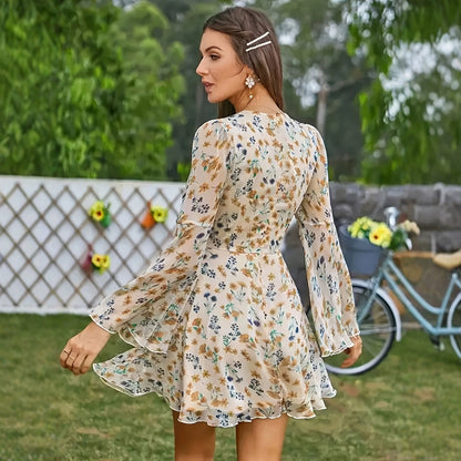 Sommer Neue Einfache Elegante Floral V-ausschnitt Ausgestellte Ärmeln frauen Kleidung Kleid