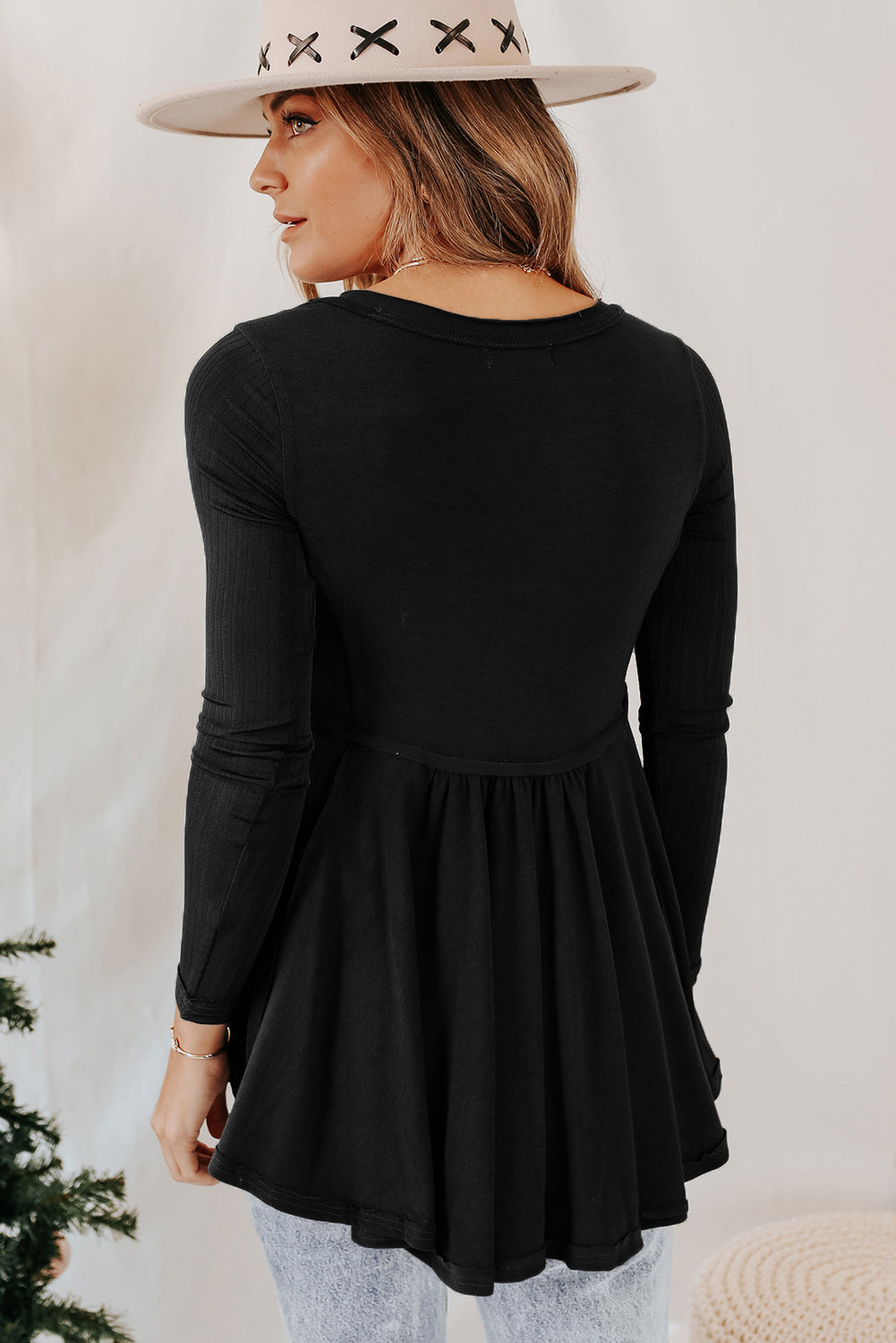 Black Solid Color Buttons Long Sleeve Babydoll Blouse