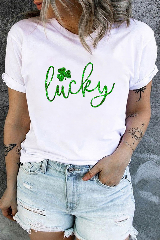 Weißes T-Shirt mit Rundhalsausschnitt und glitzerndem Lucky Clover-Print