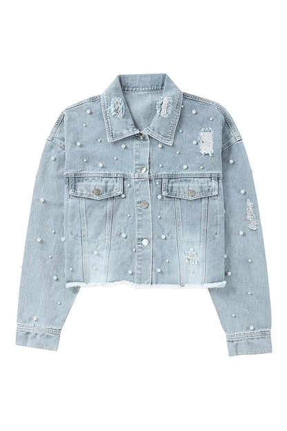 Sky Blue Pearls Beading Cropped Denim Jacket