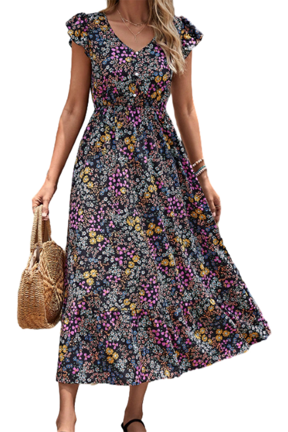 Robe midi boutonnée noire à imprimé floral et manches à volants