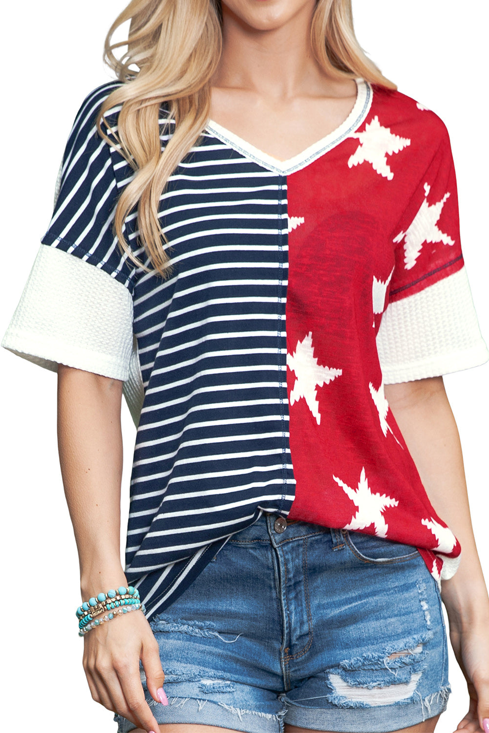 Dark Blue Stripes Stars Print Knit V Neck Short Sleeve Top