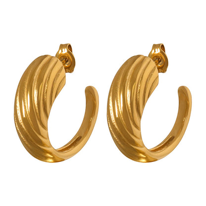 18K Gold Fashion Simple C Shape Earrings with Thread Design Versatile