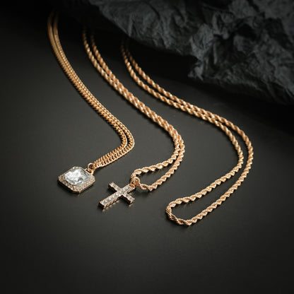 18K gold three-layer stacked with cross design hip-hop necklace