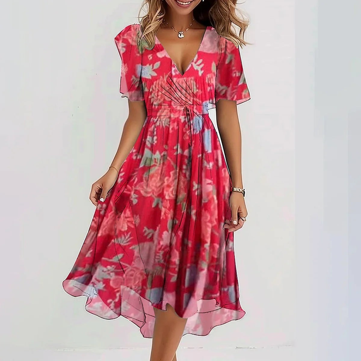 Elegantes, junges Chiffonkleid mit V-Ausschnitt und Print für Damen