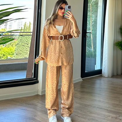 Women's Fashion Casual Loose Long-sleeved Shirt Elastic Waist Two-piece Set