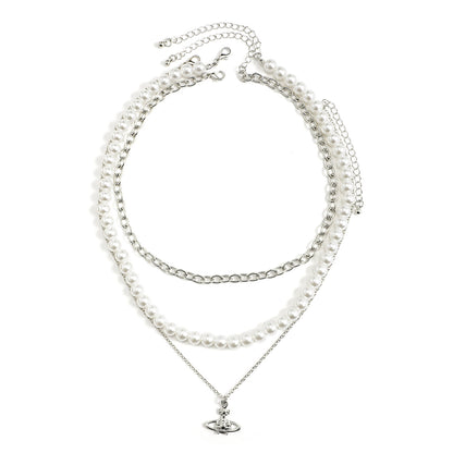 Trendy simple pearl chain with cross planet three-layer design all-match necklace