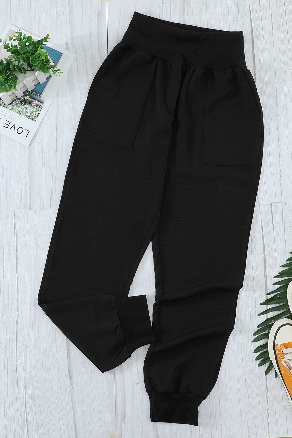 Pantalon de jogging décontracté noir à taille élastique fuselée avec poches