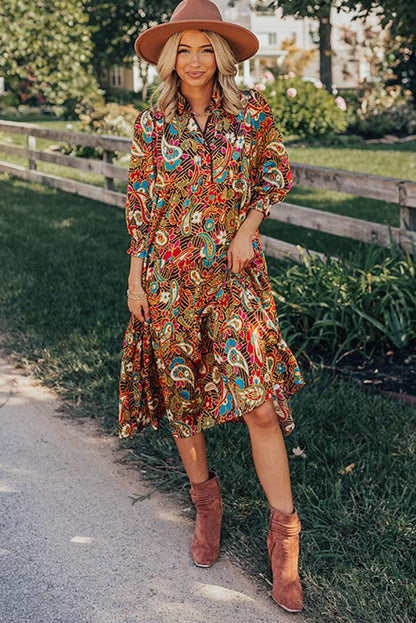 Yellow Paisley Abstract Print Collared 3/4 Sleeve Midi Dress