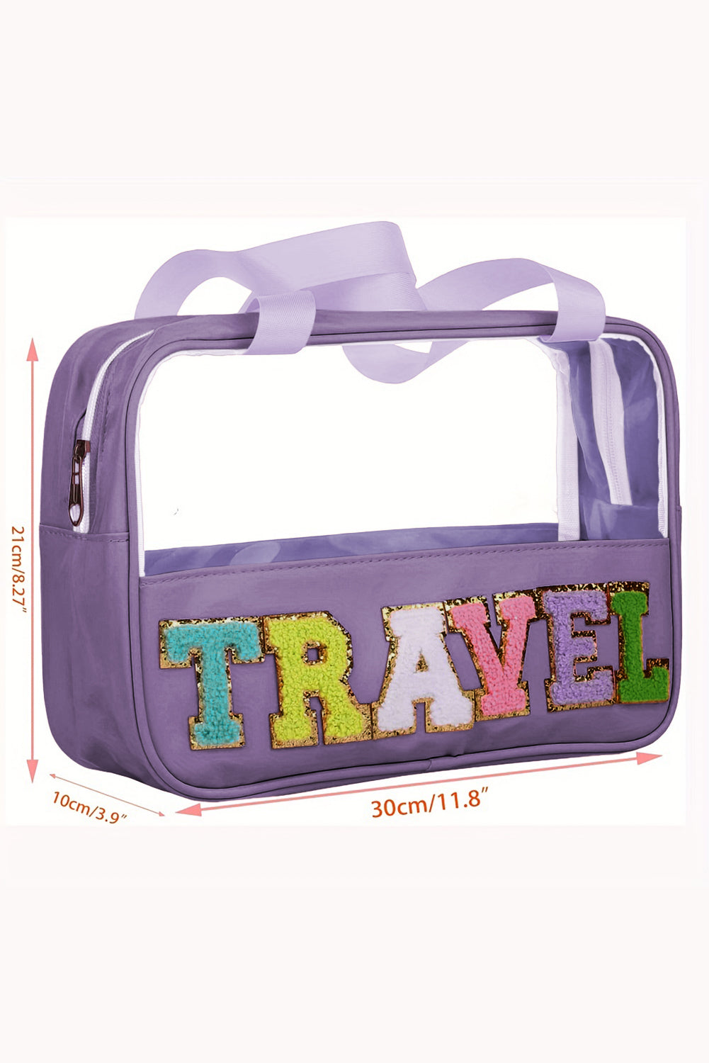 Trousse de maquillage en PVC transparent avec lettre chenille TRAVEL vert menthe