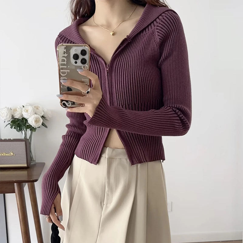 Women's Zipper Knitted Long Sleeve Sweater Coat