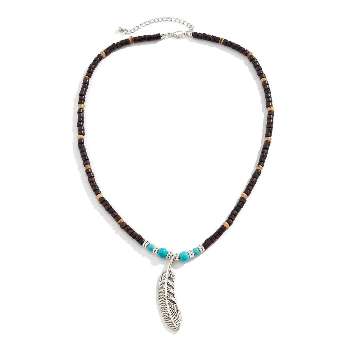 Collier pendentif en perles de bois mosaïque et turquoise avec plumes, exquis et tendance