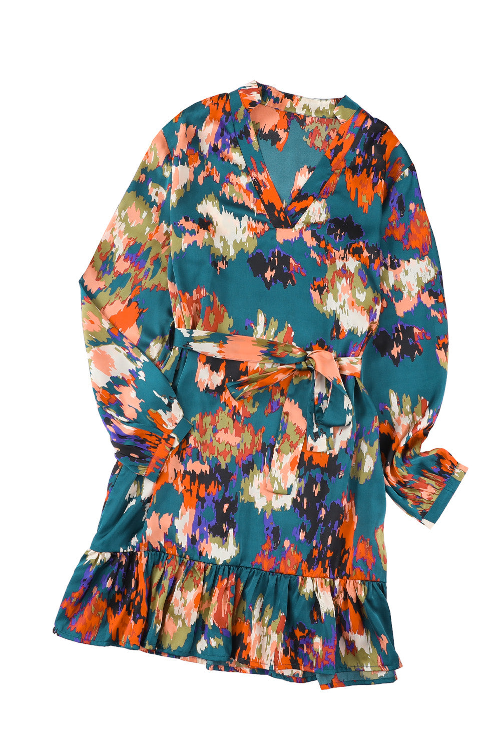 Abstract Print Waist Belted Flounce Hem Split V Neck Long Sleeve Dress