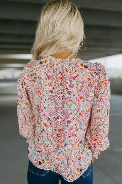 Rote Bluse mit gerafften Bündchen im Boho-Paisley-Print