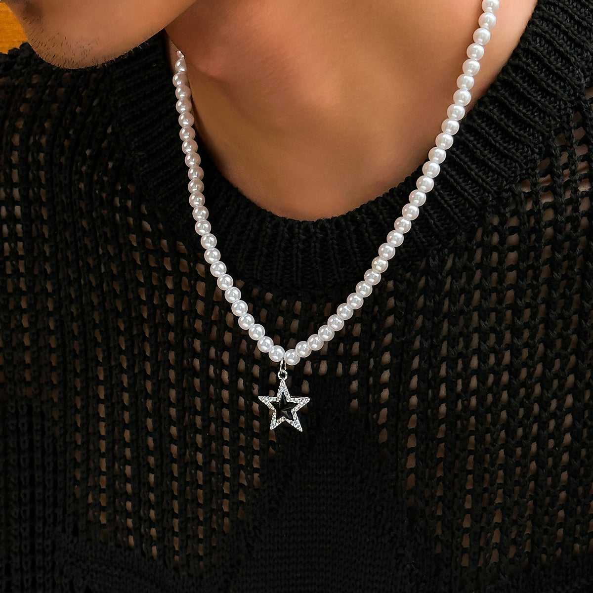 Trendy personalized five-pointed star diamond and pearl design hip-hop necklace