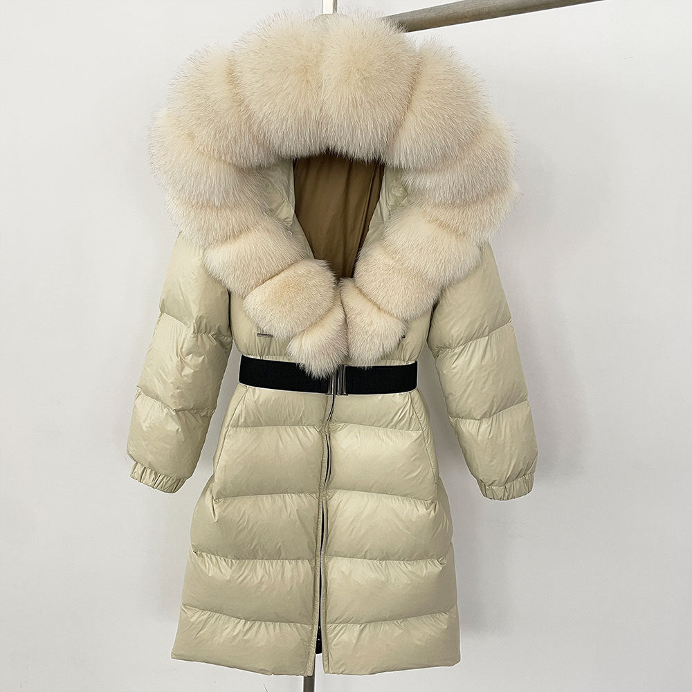 Manteau long à capuche et col en fourrure de renard véritable pour femme