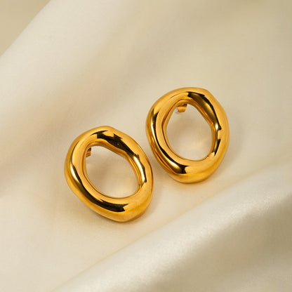 18k gold simple and elegant oval hollow design versatile earrings