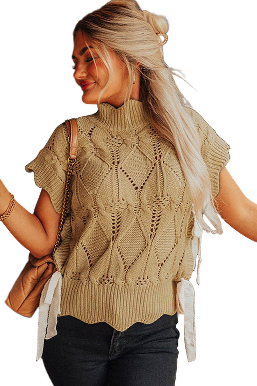 Pull à col haut en tricot ajouré beige clair à bordure festonnée