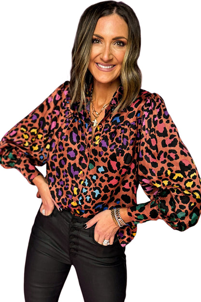 Brown Colorful Leopard Print Balloon Sleeve Shirt