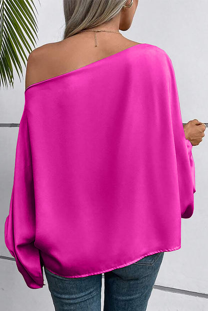 Bright Pink Solid Color Asymmetrical Neck Lantern Sleeve Blouse