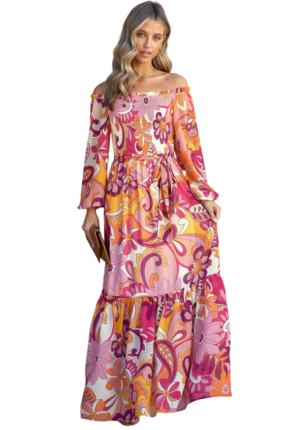 Robe longue bohème florale smockée à épaules dénudées et manches bouffantes multicolore