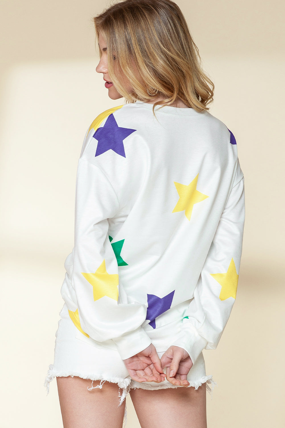 White Mardi Gras Star Print Long Sleeve Top