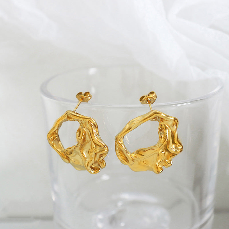 18K Gold Exaggerated Personality Irregular Embossed Design Versatile Earrings