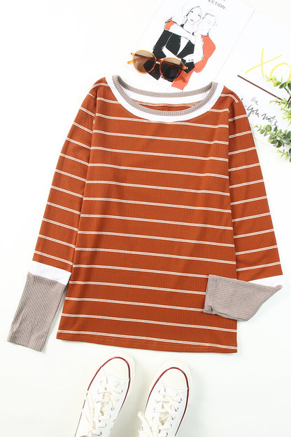 Dark Blue Striped Spliced Color Block Rib Knit Top