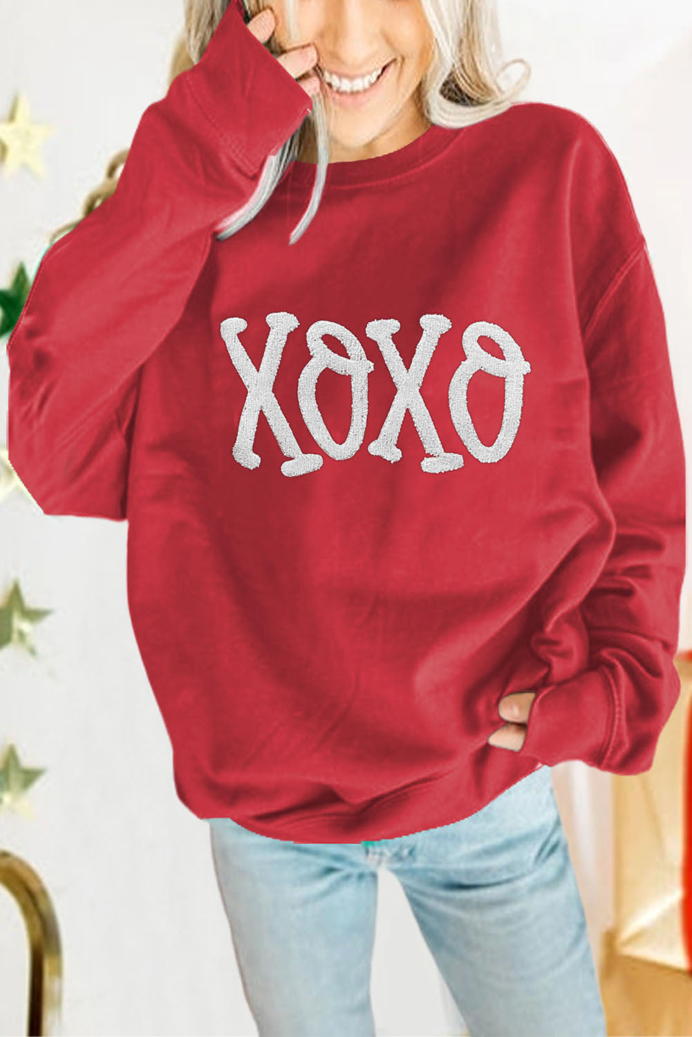 Green Lucky Letter Embroidery Print Drop Sleeve Sweatshirt