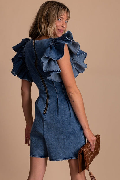 Blue Ruffle Pleated Denim Romper with Pockets