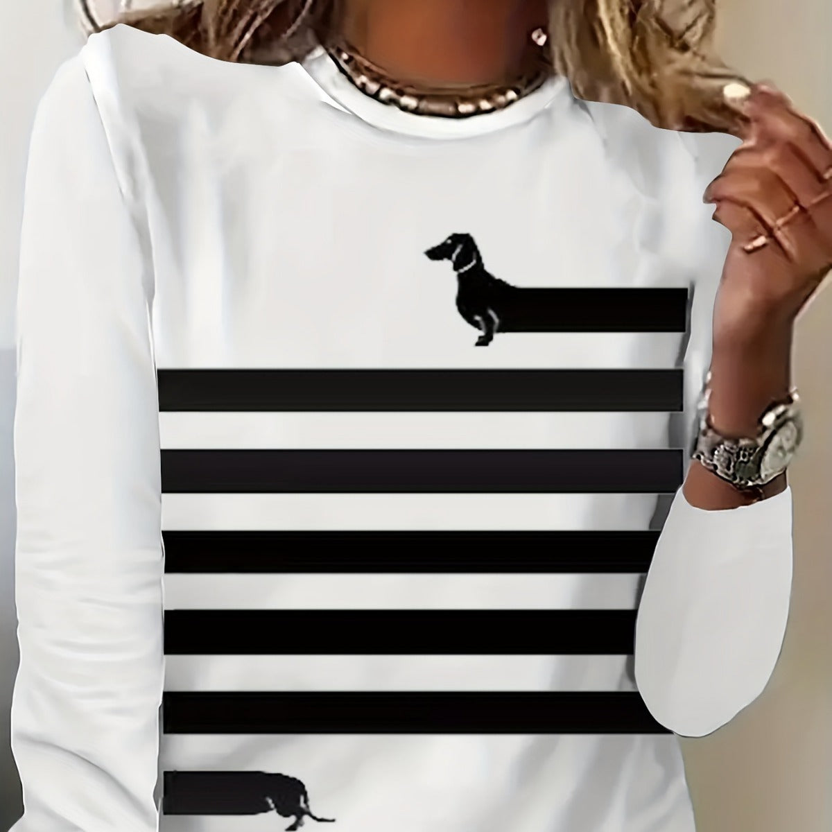 T-shirt à col rond imprimé chien et rayures printemps et automne haut décontracté à manches longues vêtements pour femmes