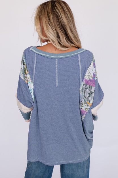 Sky Blue Striped and Floral Patchwork Oversized Top