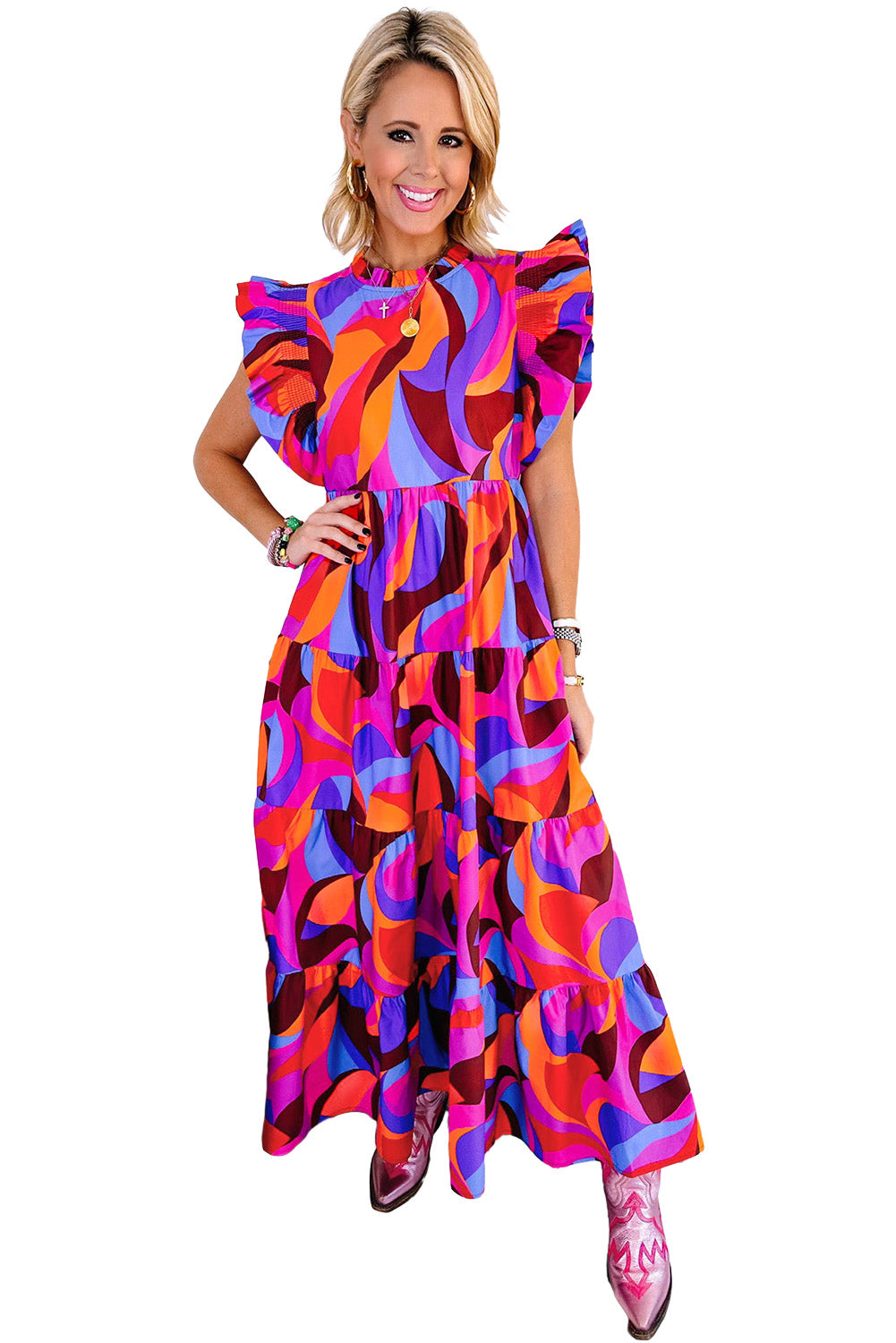 Orange Abstract Print High Waist Ruffle Tiered Maxi Dress